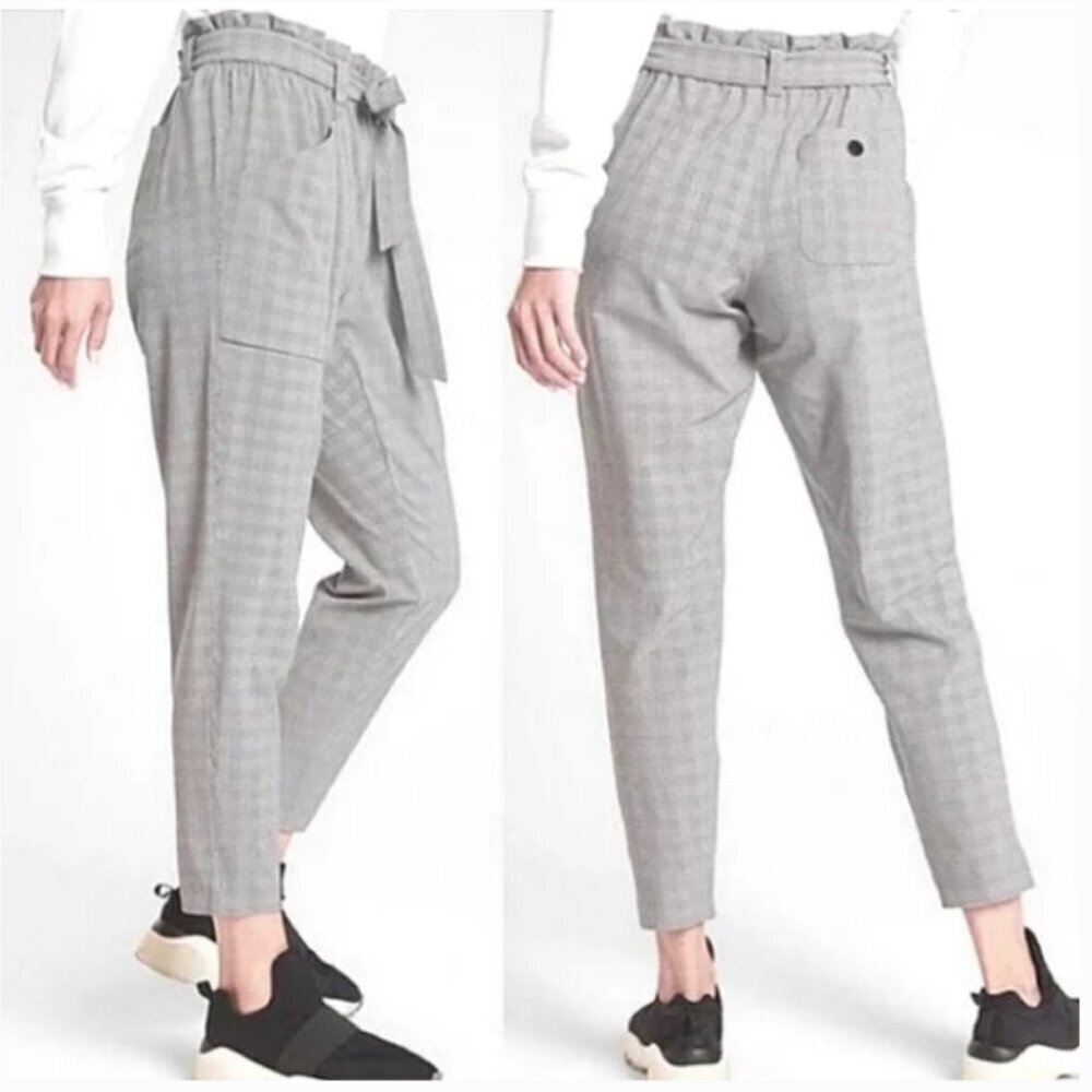ATHLETA Plaid Skyline Pants Tie Waist High Rise Glen Plaid Pockets Stretch Black